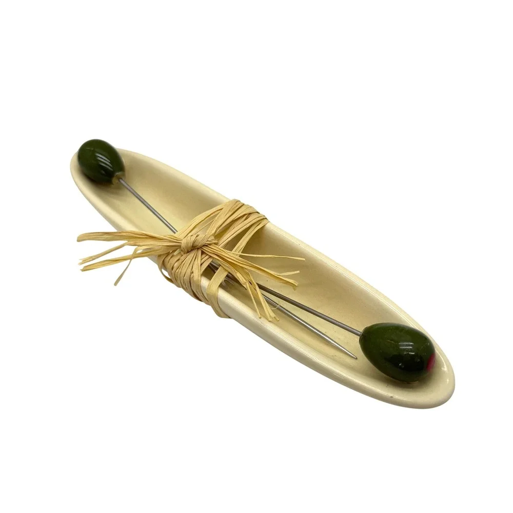 Olive Dish and Pick Set Small Cream Green MCM Style